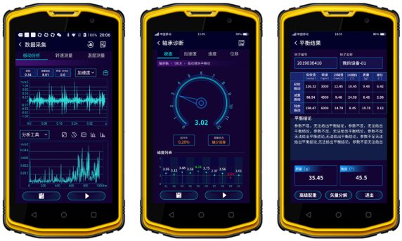 圖. 4 智能振動分析（左）、智能軸承診斷（中）、轉子動平衡（右）